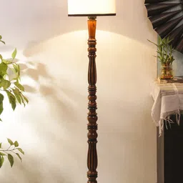 Devansh White & Black Traditional Wood Floor Lamp With Cotton Cylindrical Shade-56
