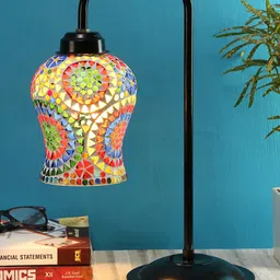 Devansh White & Multicoloured Printed Glass Contemporary Table Lamp with Shade-2