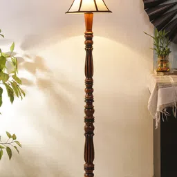 Devansh White & Brown Traditional Floor Lamp With Cotton Frustum Shade-39