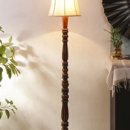 Devansh Off White & Brown Traditional Floor Lamp With Cotton Cylindrical Shade-54