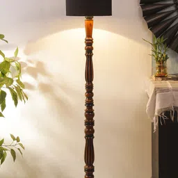 Devansh Black & Brown Traditional Floor Lamp With Cotton Cylindrical Shade-32