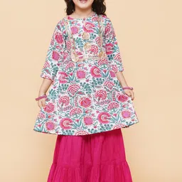 Bitiya by Bhama Girls White & Pink Floral Printed Pleated Kurta with Sharara-picture-22