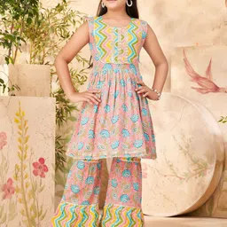 Aarika Girls Printed Panelled Pure Cotton Kurta with Sharara-image-88