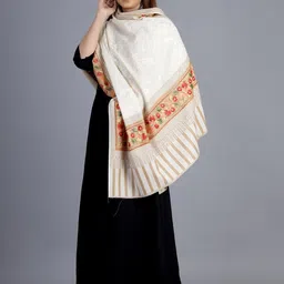 HANDICRAFT PALACE Women White Hand Embroidered Design Wool Shawl-21