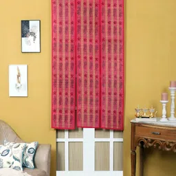 Silpakarman Pink & Black Floral Bamboo Sticks and Cotton Threads 3 Panel Window Curtain-image-91