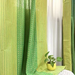 RANGBHAR Green & Yellow 2 Pieces Striped Pure Cotton Sheer Long Door Curtains-4