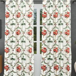 BED-SHEET.COM Green & White 2 Pieces Floral Printed Cotton Window Curtains-image-41