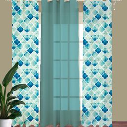 HOUZZCODE Set Of 3 Light Blue Geometric Printed Window Curtains-8