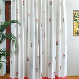 ZEBA White & Red 2 Pieces Floral Printed Black Out Door Curtains-26