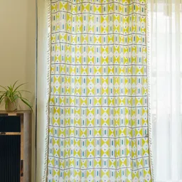 URBAN SPACE White & Lime Green Geometric Cotton Window Curtain-24
