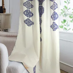 Cortina Off-White & Navy Blue Ethnic Motifs Single Silk Long Door Curtain-20