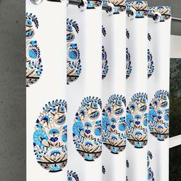 BED-SHEET.COM White & Blue Floral Printed Window Curtain image 4