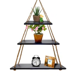 VAH Kya Bat Hai !! Black & Brown Wood & Rope 3Tier Floating Wall Shelve-3