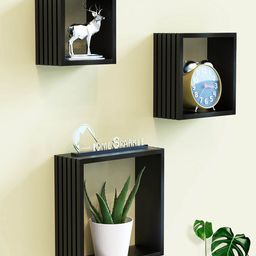 Home Sparkle 3 Pieces Black 3D Design Carved MDF Wooden Wall Shelves-33