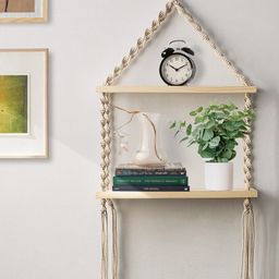 Decazone Beige Wooden Macrame Wall Hanging Shelf-46