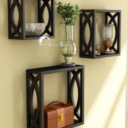 Home Sparkle Black 3-Pieces Carved MDF Wooden Cube Floating Shelves-24