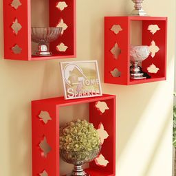 Home Sparkle 3 Pieces Red MDF Wooden Cube Floating Shelves-17