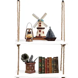 VAH Kya Bat Hai !! White & Brown Wood & Rope 2-Tier Floating Wall Shelves-picture-19