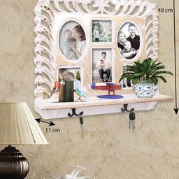 Home Sparkle White Wooden Wall Shelf With Photo Frame & Hooks image 3