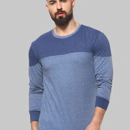 Campus Sutra Blue Colourblocked Round Neck Long Sleeves Casual Cotton T-shirt-image-72