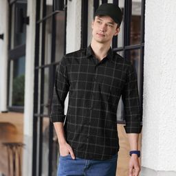 Mufti Men Trim Slim Fit Windowpane Checks Sheer Casual Cotton Shirt-picture-19