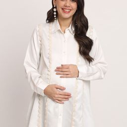 angloindu Long Sleeves Spread Collar Longline Maternity Shirt-image-15