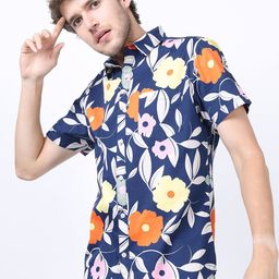 KETCH Men Navy Blue Slim Fit Floral Printed Cotton Casual Shirt-image-102
