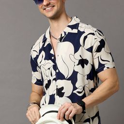 HERE&NOW Men Navy Blue & Off White Slim Fit Printed Casual Shirt-image-18