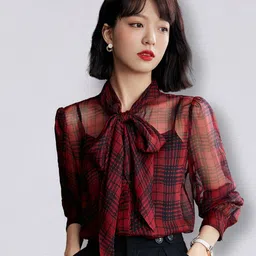 JC Collection Women Red Checked Tie-Up Neck Shirt Style Top-image-12