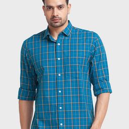 ColorPlus Men Blue Tailored Fit Tartan Checked Organic Cotton Casual Shirt-image-44