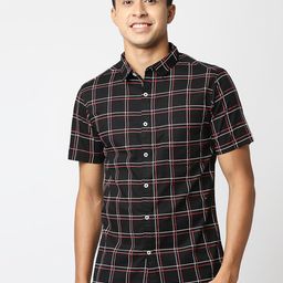 VALEN CLUB Men Black Slim Fit Windowpane Checked Pure Cotton Casual Shirt-image-56