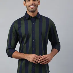 MR BUTTON Men Navy Blue & Green Slim Fit Striped Casual Shirt-picture-30