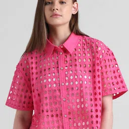 ONLY New Schiffli Self Design Semi Sheer Printed Crop Casual Pure Cotton Shirt-image-36