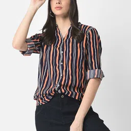 Crimsoune Club Women Black Comfort Striped Casual Shirt-picture-44