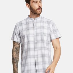 METTLE Men Band Collar Tartan Checks Casual Shirt-image-18