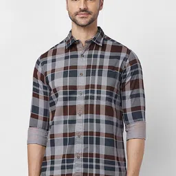 SNX Tailored Fit Long Sleeves Spread Collar Cotton Opaque Checked Casual Shirt-picture-22
