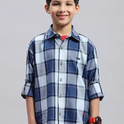 Monte Carlo Boys Classic Tartan Checked Spread Collar Roll Up  Sleeves Cotton Casual Shirt-image-45