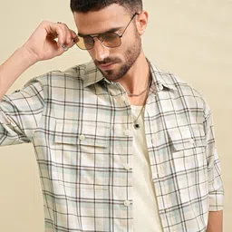 LOCOMOTIVE Men Premium Dobby Textured Checked Utility Pocket Oversized Overshirt-image-17
