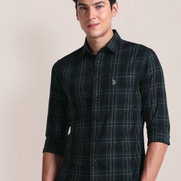 U.S. Polo Assn. Spread Collar Long Sleeves Checked Regular Fit Cotton Casual Shirt-image-80