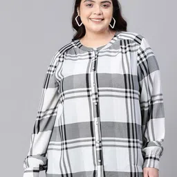 Oxolloxo Plus Size Relaxed Fit Windowpane Checked Mandarin Collar Casual Shirt-picture-37