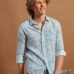 THINC Men Spread Collar Abstract Printed Linen Casual Shirt-image-51