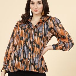 plusS Orange Spread Collar Semi Sheer Printed Casual Shirt-picture-57