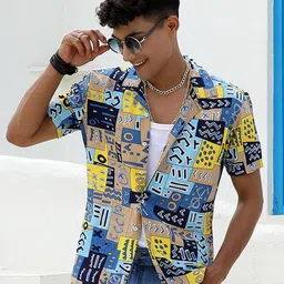 Campus Sutra Blue & Brown Classic Abstract Printed Cuban Collar Casual Shirt-image-14