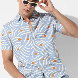 Campus Sutra Blue & White Classic Abstract Printed Cotton Casual Shirt-image-36
