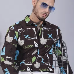 HERE&NOW Spread Collar Long Sleeves Slim Fit Abstract Printed Cotton Casual Shirt-image-95