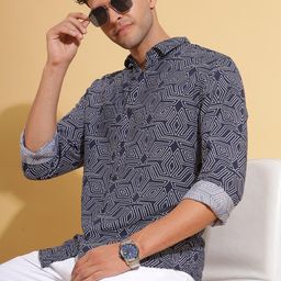 HERE&NOW Navy Blue Slim Fit Geometric Printed Spread Collar Long Sleeves Shirt-image-31