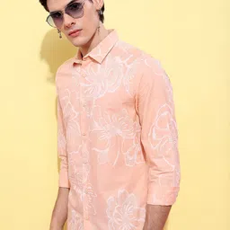 HIGHLANDER Men Peach Slim Fit Opaque Printed Cotton Casual Shirt-picture-5