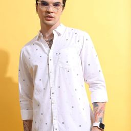 HIGHLANDER White Slim Fit Conversational Printed Cotton Casual Shirt-image-5