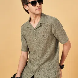 People Olive Green Relaxed Fit Geometric Self Design Cuban Collar Casual Shirt-picture-13