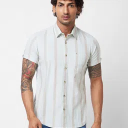 SPYKAR Vertical Striped Spread Collar Cotton Linen Casual Shirt-image-29